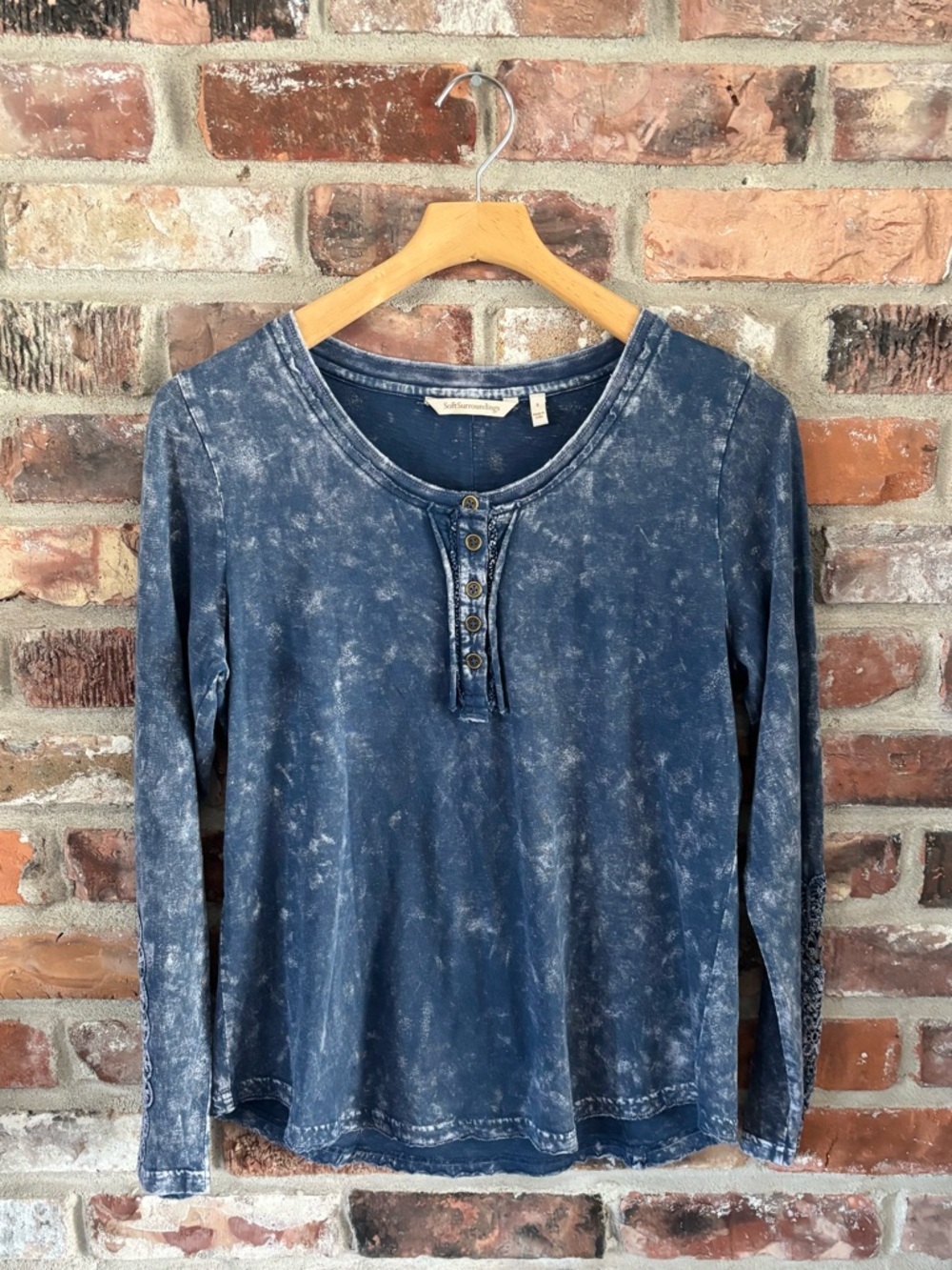 Soft Surroundings Blue Burnout Henley Long Sleeve Shirt Top Crochet Detail, S